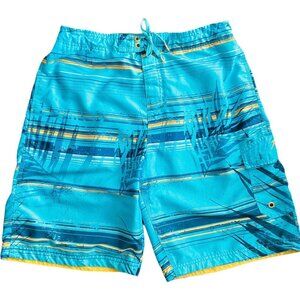 Speedo UPF 50 Palm-Stripe Boardshort Swim Trunks Mens L Blue Cargo Surf Shorts
